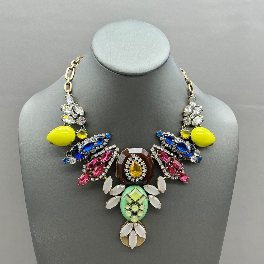 J.Crew Necklace Multicolor Crystal Rhinestone Floral Statement Bib Gold Tone 18"